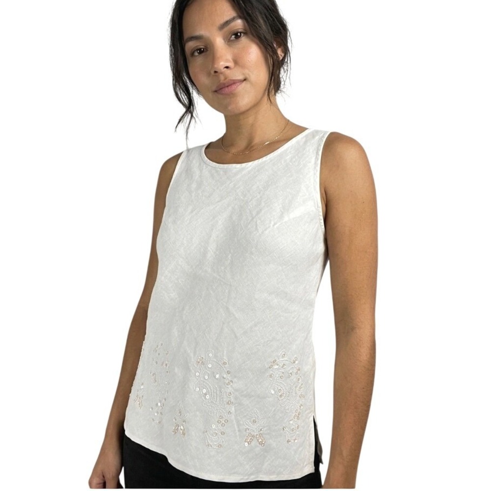 Nikki Valentine White 100% Irish Linen Embroidered Sequin Tank Top Womens Size 4